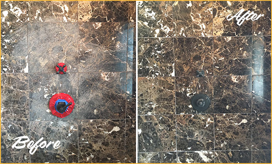 Before and After Picture of a Floral Park Marble Shower Honed to Remove Scratches