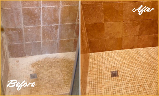 Before and After Picture of a Oakland Gardens Travertine Shower Honed to Remove Mineral Deposits