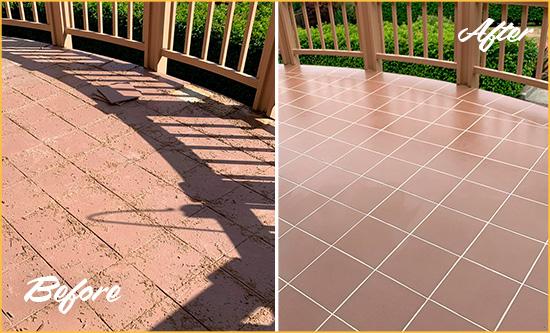 Before and After Picture of a Bay Terrace Hard Surface Restoration Service on a Tiled Deck
