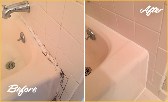 Before and After Picture of a Bayside Hard Surface Restoration Service on a Tile Shower to Repair Damaged Caulking
