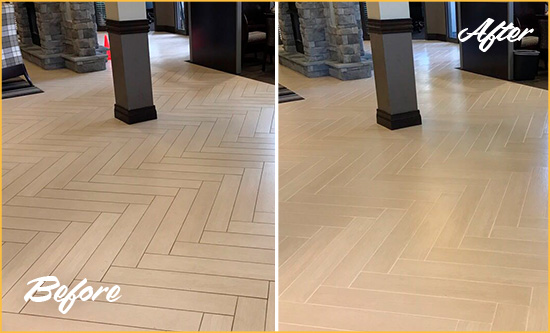 Before and After Picture of a Glen Oaks Hard Surface Restoration Service on an Office Lobby Tile Floor to Remove Embedded Dirt