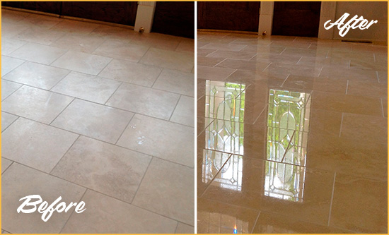 Before and After Picture of a Bay Terrace Hard Surface Restoration Service on a Dull Travertine Floor Polished to Recover Its Splendor