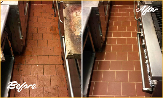 Before and After Picture of a Floral Park Hard Surface Restoration Service on a Restaurant Kitchen Floor to Eliminate Soil and Grease Build-Up