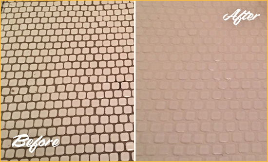Before and After Picture of a Astoria Hard Surface Restoration Service on a Bathroom Tile Floor Recolored to Fix Grout Color