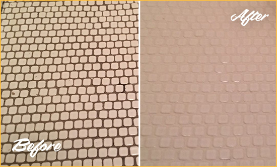 Before and After Picture of a Oakland Gardens Hard Surface Restoration Service on a Bathroom Tile Floor Recolored to Fix Grout Color