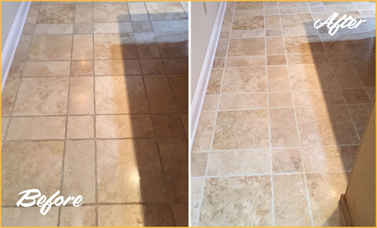 Before and After Picture of Bellerose Kitchen Floor Grout Cleaned to Recover Its Color