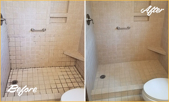 Before and After Picture of a Maspeth Shower Grout Cleaned to Remove Mold