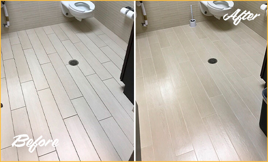 Before and After Picture of a Malba Office Restroom's Grout Cleaned to Remove Dirt