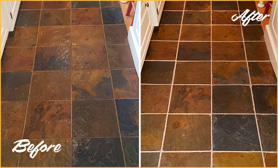 Before and After Picture of Rockaway Park Slate Floor Grout Cleaned to Remove Dirt