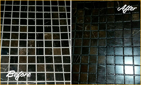 Before and After Picture of a Richmond Hill Black Floor with Recolored Grout