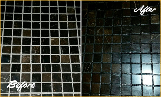 Before and After Picture of a Woodhaven Black Floor with Recolored Grout