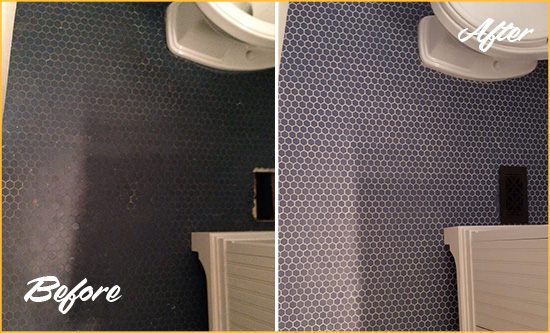 Before and After Picture of a Queens Blue Tile Floor Recolored Grout