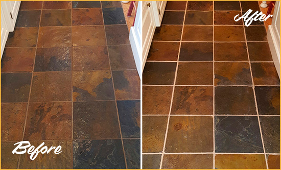 Before and After Picture of a Bellerose Slate Floor Recolored Grout