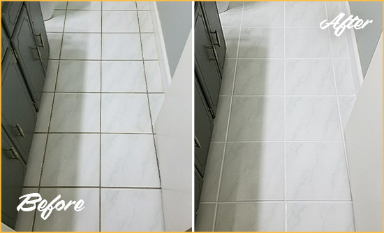 Before and After Picture of a Jamaica Hills White Ceramic Tile with Recolored Grout