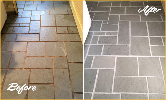 Before and After Picture of Damaged Jackson Heights Slate Floor with Sealed Grout