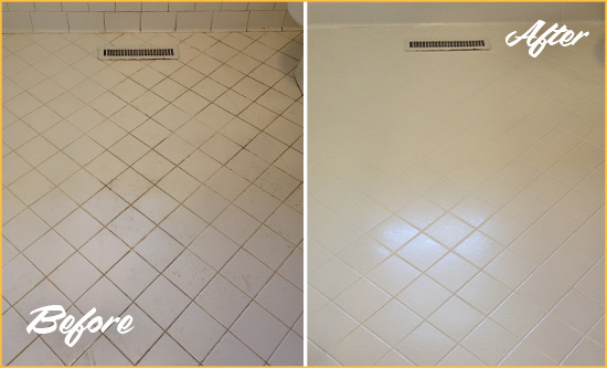 Before and After Picture of a Floral Park White Bathroom Floor Grout Sealed for Extra Protection