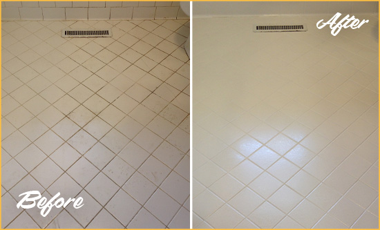 Before and After Picture of a Breezy Point White Bathroom Floor Grout Sealed for Extra Protection