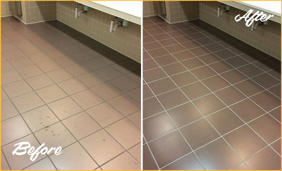 Before and After Picture of Dirty Rego Park Office Restroom with Sealed Grout