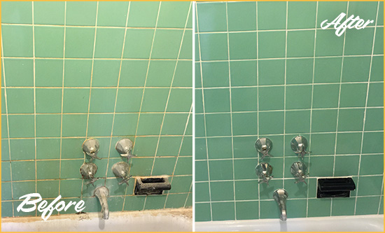 Before and After Picture of a Woodside Bath Tub Grout Sealed to Avoid Water Damage