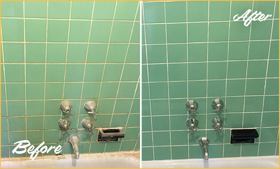 Before and After Picture of a Bayside Bath Tub Grout Sealed to Avoid Water Damage