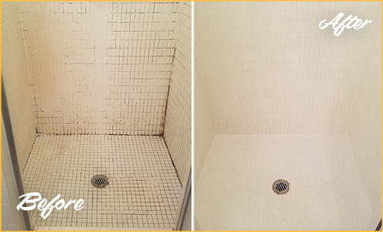 Before and After Picture of a Floral Park Bathroom Grout Sealed to Remove Mold