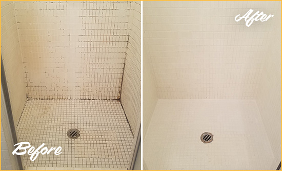 Before and After Picture of a Sunnyside Bathroom Grout Sealed to Remove Mold