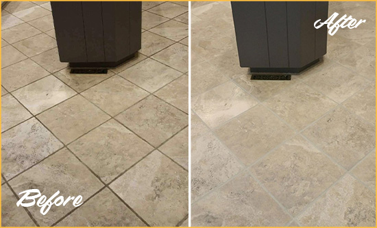 Before and After Picture of a Rockaway Beach Kitchen Floor Grout Sealed to Remove Stains