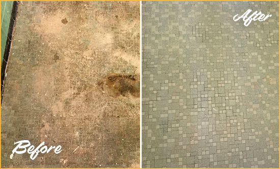 Before and After Picture of a Rockaway Beach Mosaic Shower Cleaned to Eliminate Embedded Dirt