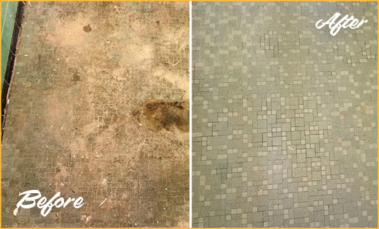 Before and After Picture of a Woodside Mosaic Shower Cleaned to Eliminate Embedded Dirt