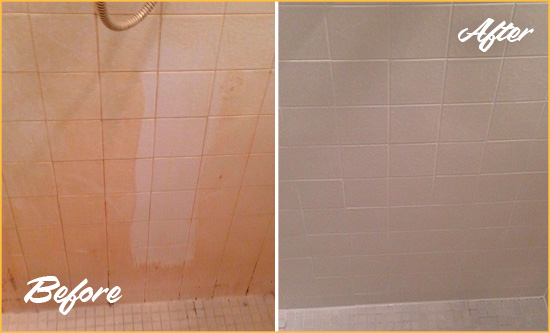 Before and After Picture of a Bayside Porcelaine Shower Cleaned to Remove Soap Scum