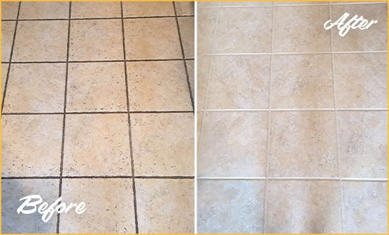 Before and After Picture of a Bayside Ceramic Floor Cleaned to Remove Soil