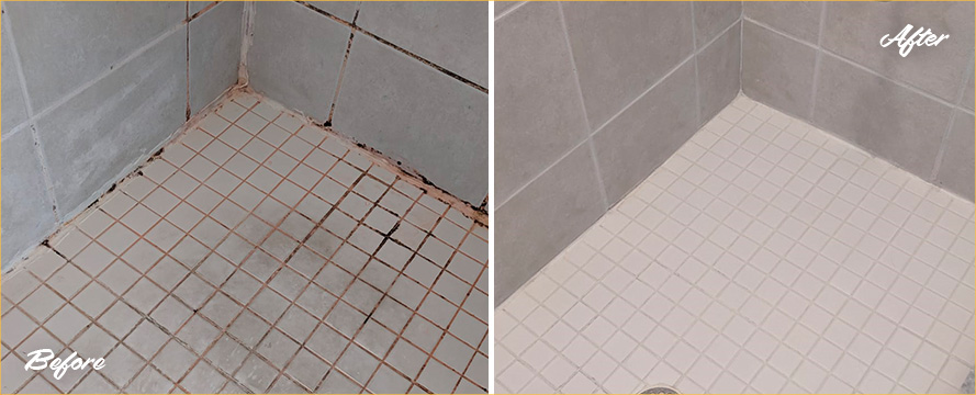 Tile Shower Before and After a Grout Cleaning in Queens