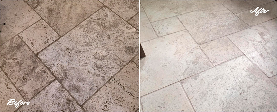 Travertine Floor Before and After a Stone Cleaning in Queens, NY