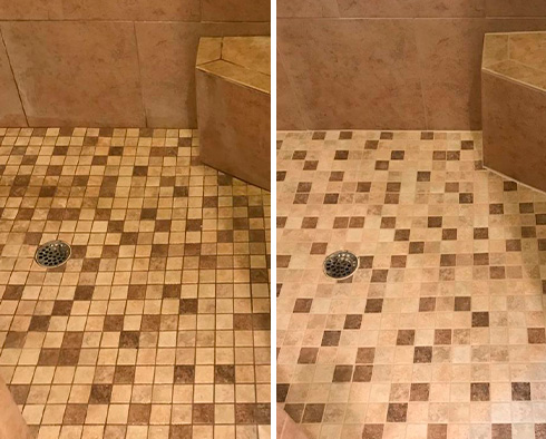 Shower Floor Before and After a Grout Cleaning in Queens, NC