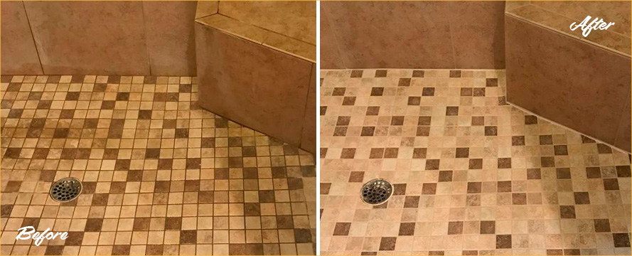 Amazing Shower Floor Before and After a Grout Cleaning in Queens, NC