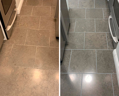 Kitchen Floor Before and After a Stone Honing in Queens