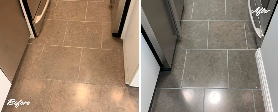 Kitchen Floor Before and After a Stone Honing in Queens