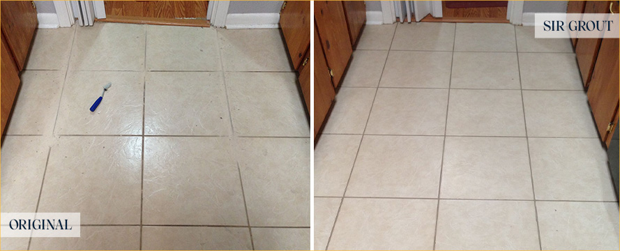 Kitchen Floor Before and After a Grout Sealing in Jamaica Estate