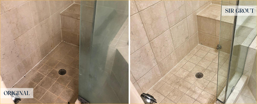 Shower Stall Before and After a Stone Cleaning in Queens
