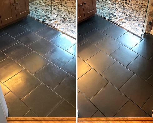 Floor Before and After a Grout Recoloring in Long Island City, NY