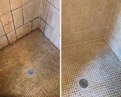 Shower Before and After Our Queens Tile and Grout Cleaners Work