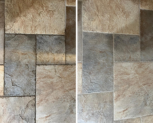 Stone Floor Before and After Our Whitestone Grout Cleaning Service
