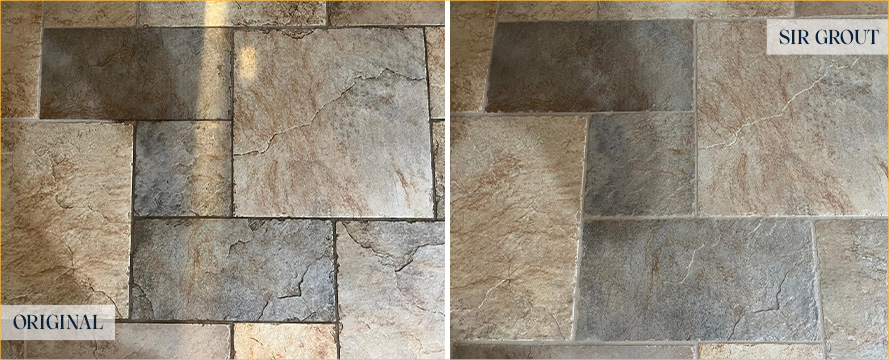 Stone Floor Before and After Our Whitestone Grout Cleaning Service